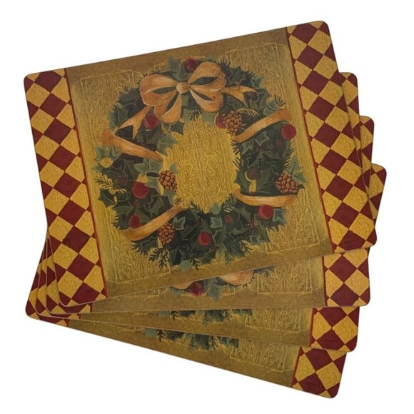 Pimpernel Cork-Backed Placemats Set Of 4 Wreath Design Red Green Check - Picture 1 of 4